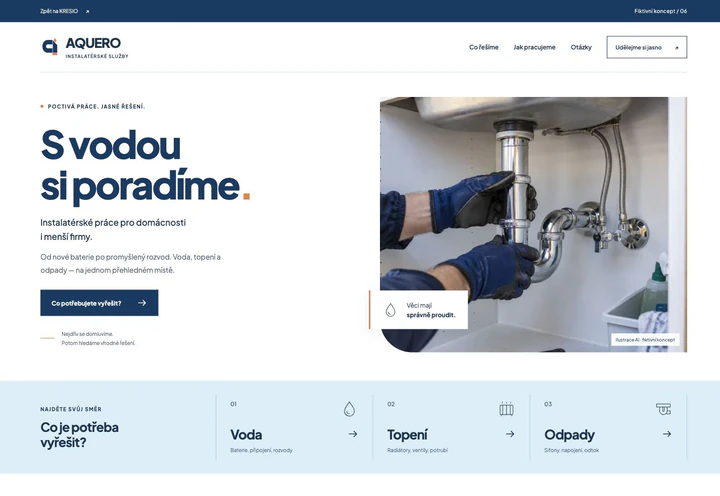 Skutečný náhled vytvořeného webu AQUERO na počítači: modrobílá servisní prezentace a přehledné rozdělení služeb.