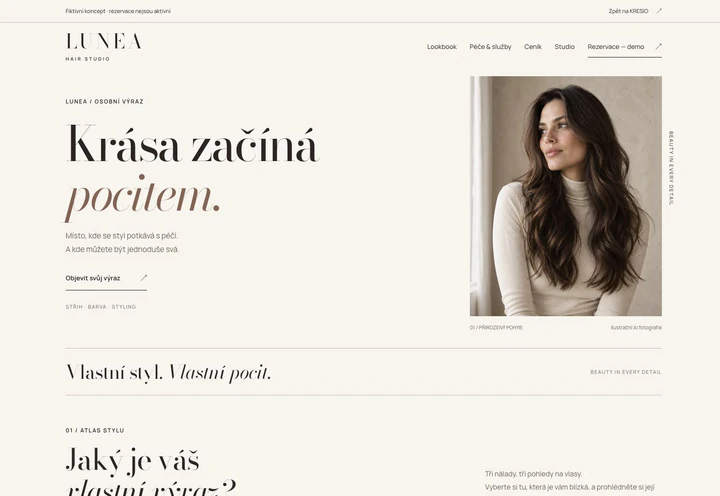 Skutečný náhled úvodní stránky fiktivního webu LUNEA STUDIO na počítači.