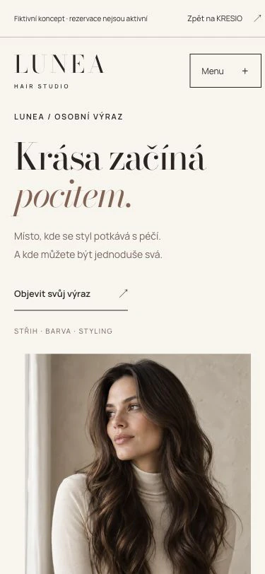 Skutečná mobilní podoba fiktivního webu LUNEA STUDIO.