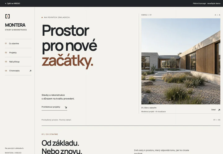 Skutečný náhled vytvořeného webu MONTERA na počítači: architektonický list s boční navigací a velkým obrazem stavby.