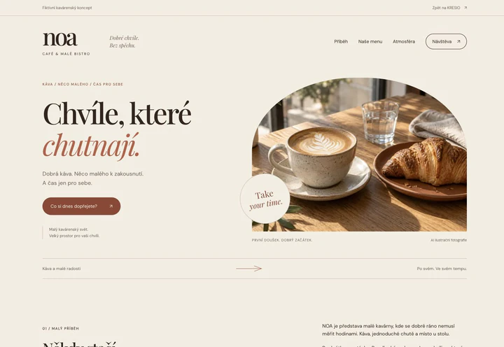 Skutečný náhled úvodní stránky fiktivního webu NOA CAFÉ na počítači.