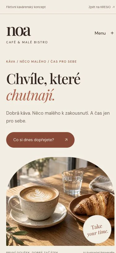 Skutečná mobilní podoba fiktivního webu NOA CAFÉ.