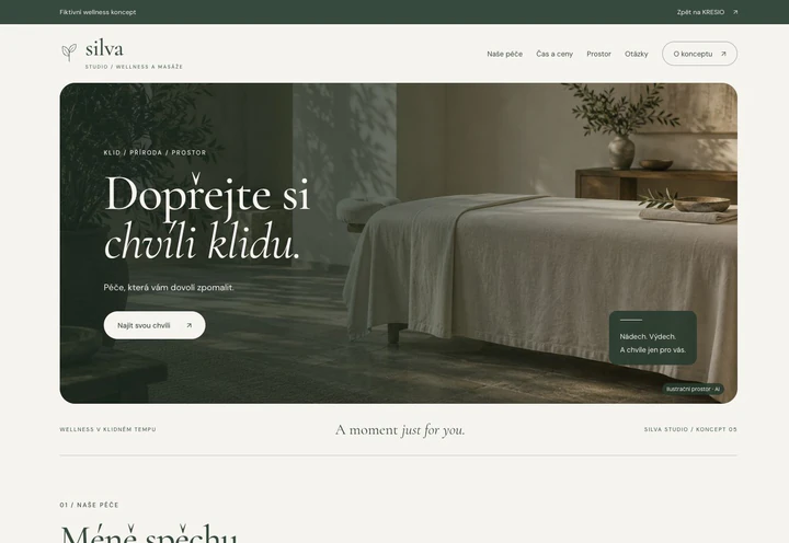 Skutečný náhled vytvořeného webu SILVA na počítači: přírodní wellness se šalvějovou barvou a klidnou fotografií.