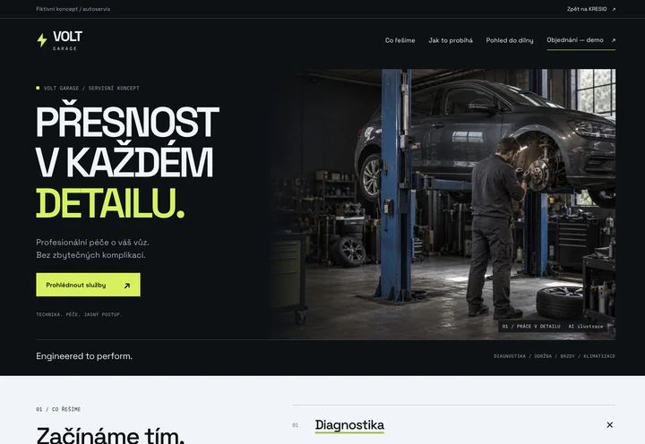 Skutečný náhled úvodní stránky fiktivního webu VOLT GARAGE na počítači.