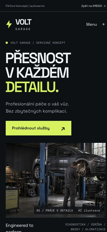 Skutečná mobilní podoba fiktivního webu VOLT GARAGE.