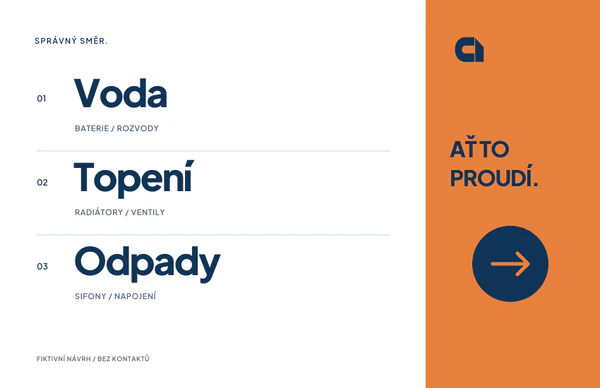 Bílý rub vizitky se třemi velkými službami Voda, Topení a Odpady a asymetrickou oranžovou plochou Ať to proudí.