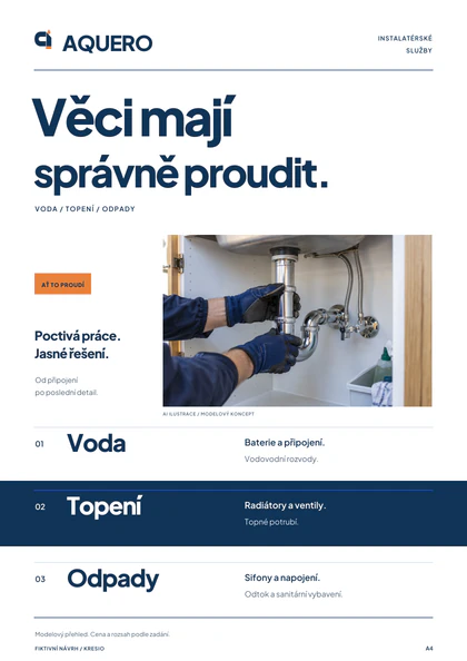 Bílý přehled služeb AQUERO s titulkem Věci mají správně proudit, ilustrační fotografií montáže chromového sifonu a řádky Voda, Topení, Odpady.