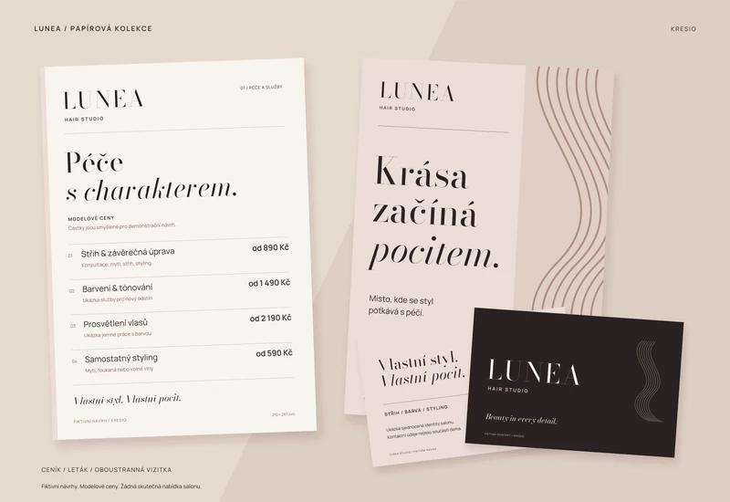 Grafická sada LUNEA: světlý ceník, pudrový typografický leták a obě strany vizitky s jemným motivem vlasových pramenů.
