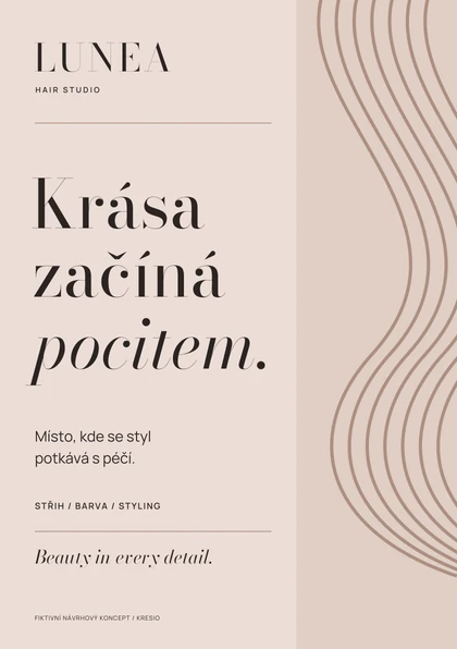 Leták ve vizuálním stylu LUNEA STUDIO; fiktivní grafický návrh.