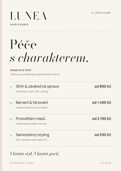 Salonní ceník ve vizuálním stylu LUNEA STUDIO; fiktivní grafický návrh.