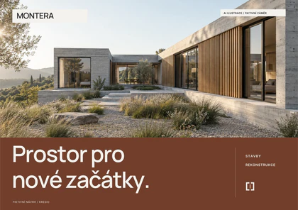 A5 editorial leták MONTERA na šířku. AI architektonická scéna tvoří horní část; hluboká rezavá patka nese titulek Prostor pro nové začátky.