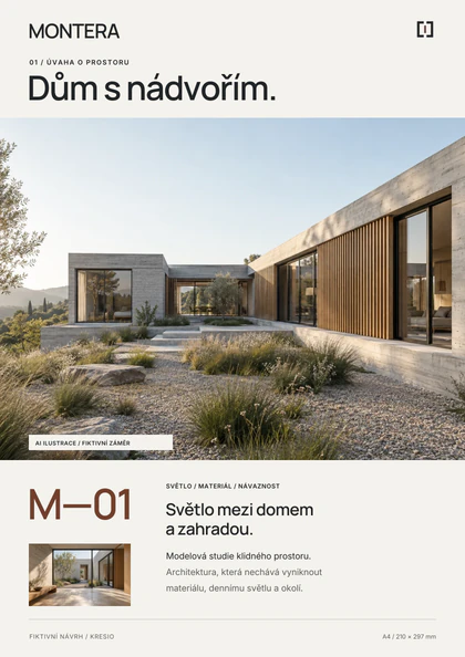 Fotografický projektový dossier MONTERA Dům s nádvořím. Ilustrační architektura, přesná sazba a projektový kód M—01.