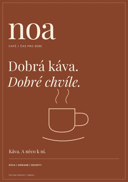 Leták ve vizuálním stylu NOA CAFÉ; fiktivní grafický návrh.