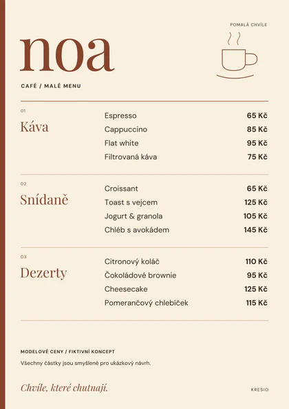 Nápojový lístek ve vizuálním stylu NOA CAFÉ; fiktivní grafický návrh.
