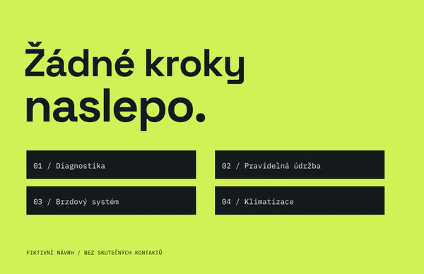Lime zadní vizitka s titulkem Žádné kroky naslepo a čtyřmi servisními oblastmi. Fiktivní návrh bez skutečných kontaktů.