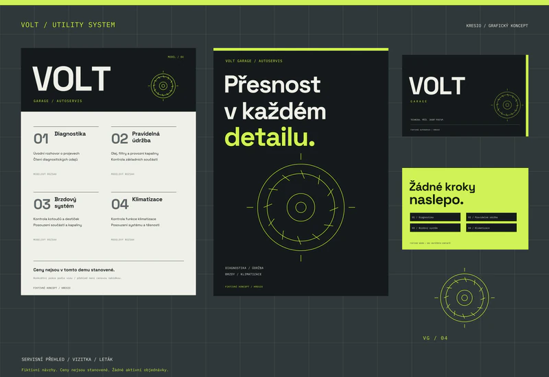 VOLT utility kolekce: technický servisní přehled A4, grafitový leták s kruhovou geometrií a obě strany vizitky v lime a grafitu. Fiktivní návrhy bez stanovených cen.