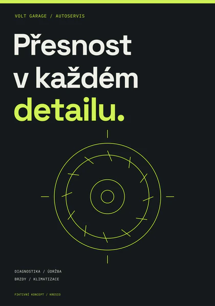 Leták ve vizuálním stylu VOLT GARAGE; fiktivní grafický návrh.