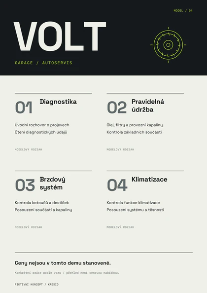 Přehled služeb ve vizuálním stylu VOLT GARAGE; fiktivní grafický návrh.